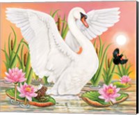 Swan, Frog And Blackbird At Sunset Fine Art Print