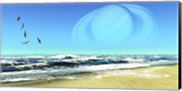 A Flock of Seagulls Fly Over Ocean Waves With Saturn Planet in the Sky Fine Art Print