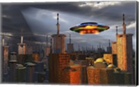Alien Flying Saucer Flying Over a Futuristic City Fine Art Print