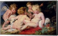 Infant Christ with John the Baptist and two angels Fine Art Print