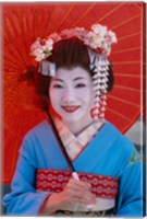 Geisha in Blue with Orange Umbrella Fine Art Print