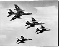 Low angle view of four fighter planes flying in formation, F-100 Super Sabre Fine Art Print