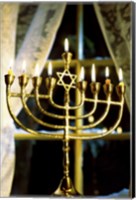 Close-up Of Lit Candles On A Menorah And Window Fine Art Print