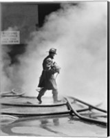 Firefighter walking in front of smoke Fine Art Print