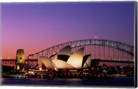 Opera house lit up at night, Sydney Opera House, Sydney Harbor Bridge, Sydney, Australia Fine Art Print