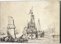 A Ship in a Port with a Ruined Obelisk Fine Art Print