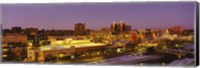 High angle view of buildings lit up at dusk, Kansas City, Missouri, USA Fine Art Print