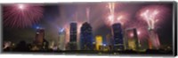 Fireworks Over Buildings In Houston, Texas Fine Art Print