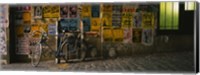 Bicycle leaning against a wall with posters in an alley, Post Alley, Seattle, Washington State, USA Fine Art Print