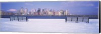 Park benches in snow with a city in the background, Lower Manhattan, Manhattan, New York City, New York State, USA Fine Art Print