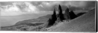 Rock formations on hill in black and white, Isle of Skye, Scotland Fine Art Print