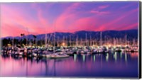 Boats moored in harbor at sunset, Santa Barbara Harbor, Santa Barbara County, California, USA Fine Art Print