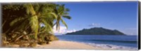 Palm trees grow out over a small beach with Silhouette Island in the background, Seychelles Fine Art Print