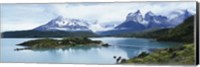 Island in a lake, Lake Pehoe, Hosteria Pehoe, Cuernos Del Paine, Torres del Paine National Park, Patagonia, Chile Fine Art Print
