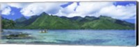 Polynesian people rowing a yellow outrigger boat in the bay, Opunohu Bay, Moorea, Tahiti, French Polynesia Fine Art Print