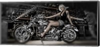 Female model with a motorcycle in a workshop Fine Art Print