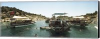 Boats with people swimming in the Mediterranean sea, Kas, Antalya Province, Turkey Fine Art Print