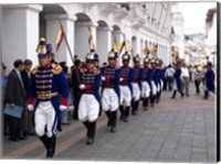 Soldiers parade during changing of the guard ceremony, Plaza de La Independencia, Quito, Ecuador Fine Art Print