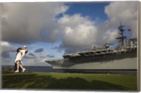 Sculpture Unconditional Surrender with USS Midway aircraft carrier, San Diego, California, USA Fine Art Print
