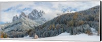 Little church at the snowy valley in winter, St Johann Church, Val di Funes, Dolomites, Italy Fine Art Print