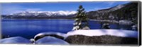 Lake with a snowcapped mountain range in the background, Sand Harbor, Lake Tahoe, California, USA Fine Art Print
