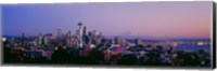 High angle view of a city at sunrise, Seattle, Mt Rainier, Washington State Fine Art Print