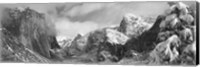 Black and white view of Mountains and waterfall in snow, El Capitan, Yosemite National Park, California Fine Art Print