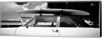 California, Surf board on roof of car (black and white) Fine Art Print