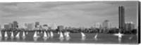 Black and white view of boats on a river by a city, Charles River,  Boston Fine Art Print