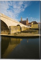 Bridge across the river, Steinerne Bridge, Danube River, Regensburg, Bavaria, Germany Fine Art Print