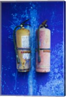 Fire extinguishers on Blue Temple wall, Mingshan, Fengdu Ghost City, Fengdu, Yangtze River, Chongqing Province, China Fine Art Print
