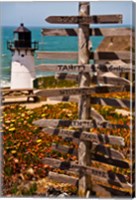 Directional signs on a pole with light house in the background, Point Montara Lighthouse, Montara, California, USA Fine Art Print