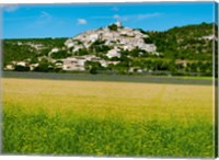 Farm with a town in the background, Simiane-La-Rotonde, Alpes-de-Haute-Provence, Provence-Alpes-Cote d'Azur, France Fine Art Print