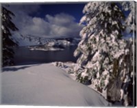 Crater Lake in winter, Wizard Island, Crater Lake National Park, Oregon, USA Fine Art Print