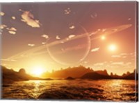 A scene on a distant moon orbiting a gas giant in a trinary star system Fine Art Print