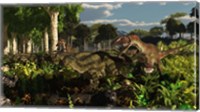 Utahraptors hunting the early iguanodonts, Tenontosaurus Fine Art Print