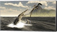 A Tylosaurus jumps out of the water, attacking a Pteranodon Fine Art Print