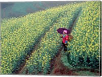 Chinese Woman Walking in Field of Rapeseed near Ping' an Village, Li River, China Fine Art Print