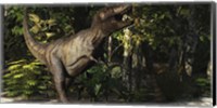 A mighty Tyrannosaurus Rex hunts for prey in a dense jungle Fine Art Print