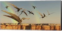 A flock of Pterodactyls fly out of a canyon Fine Art Print