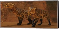 Two Smilodon cats find protection in a vast cave system Fine Art Print
