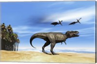 Pterodactyls fly over a beastly Tyrannosaurus Rex Fine Art Print