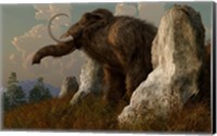 A mammoth standing among stones on a hillside Fine Art Print