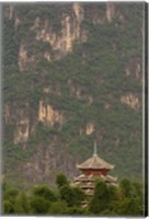 Pagoda and giant karst peak behind, Yangshuo Bridge, China Fine Art Print