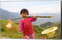 Young Girl Carrying Shoulder Pole with Straw Hats, China Fine Art Print