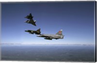 Four Saab 37 Viggen fighters breaking up over northern Sweden Fine Art Print