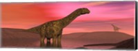 Argentinosaurus dinosaurs amongst a colorful red sunset Fine Art Print