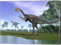 Two Gigantoraptor dinosaurs in a prehistoric environment Fine Art Print