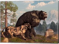A saber-toothed cat tries to drive a short-faced bear out of its territory Fine Art Print