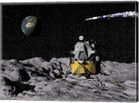 Apollo on surface of moon, with Saturn V rocket in the background Fine Art Print